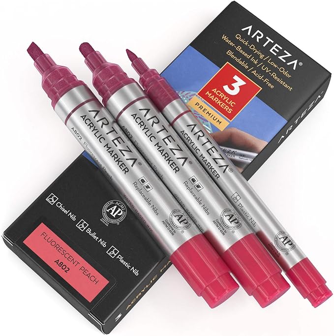 ARTEZA Acrylic Paint Markers, Pack of 3, A802 Fluorescent Peach, 1 Thin and 2 Thick, Chisel + Bullet Nib, Paint Pens for Canvas, Rock, Glass, Wood