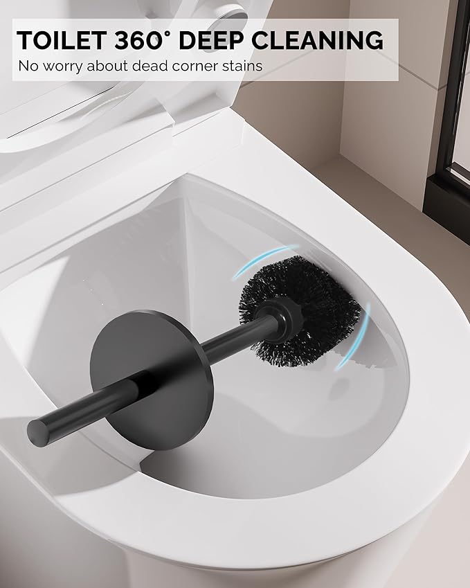 Toilet Brush and Holder Set, Stainless Steel Toilet Bowl Brush with Lid, Rust Proof Toilet Cleaner Brush with Caddy, Durable Bristles, Splash Proof, Ideal for Bathroom（1 Pack, Matte Black）