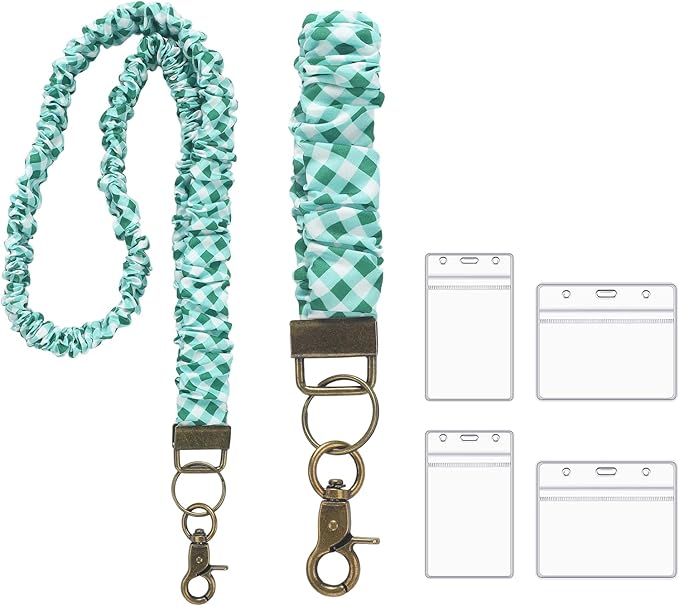 Marspark 2 Set Scrunchie Lanyards with 4 Card Holders for ID Badges and Keys Cute Stretchy Scrunchie Neck and Wrist Lanyards for Teacher Women Nurses School Office Supplies(White Light Green,Checked)