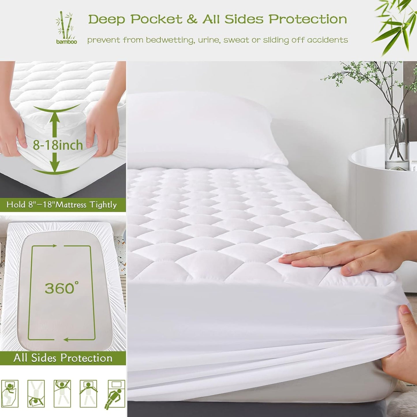 GRT Twin Mattress Protector Waterproof, Rayon from Bamboo, Cooling Quilted Fitted Mattress Pad, Noiseless Waterproof Mattress Cover, fits up to 18" Deep, Dust Proof White