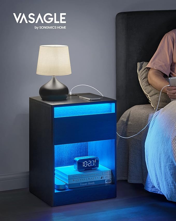 VASAGLE LED Nightstand with Charging Station, Adjustable Light Colors, 2 AC Outlets, 2 USB Ports, Bedside Table, Side Table with Drawer, Modern, 13.8 x 15.7 x 21.7 Inches, Ebony Black ULET618T21V1