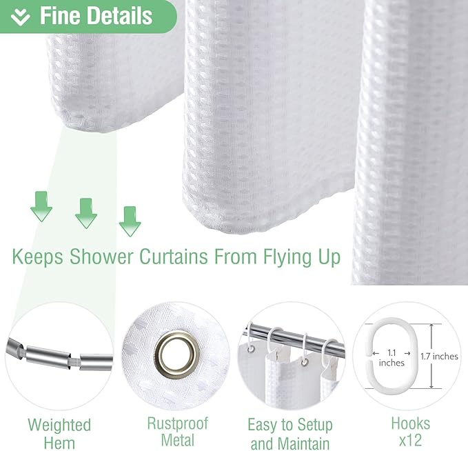 Dynamene Extra Long Fabric Shower Curtain - Waffle Weave 90 Inches Long Heavy Duty Cloth Shower Curtains for Bathroom, 256GSM Tall Hotel Luxury Bath Curtain Set with 12 Plastic Hooks(72Wx90H, White)