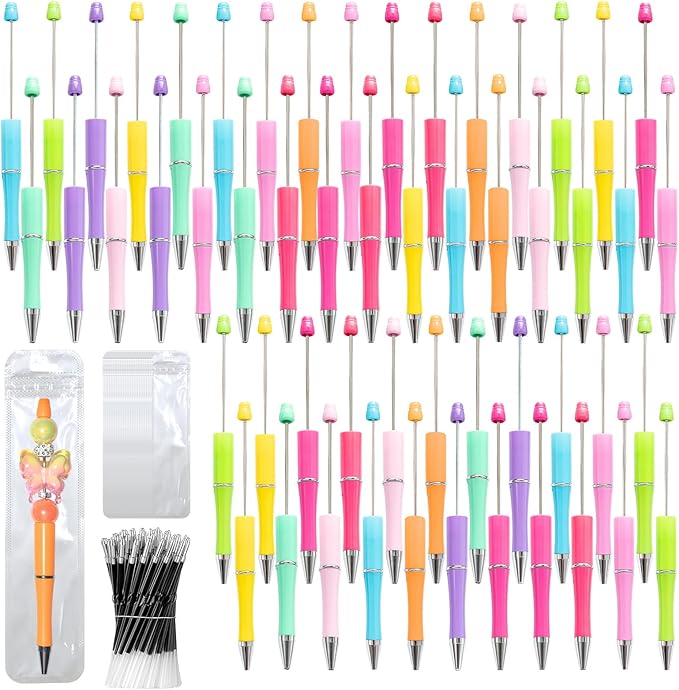 150 Pieces DIY Beadable Pen Kit – 50 Plastic Ballpoint Pens with Refills & Bags – School Supplies, Office Accessories & Decorative Items for Students & Teachers （Sweet）