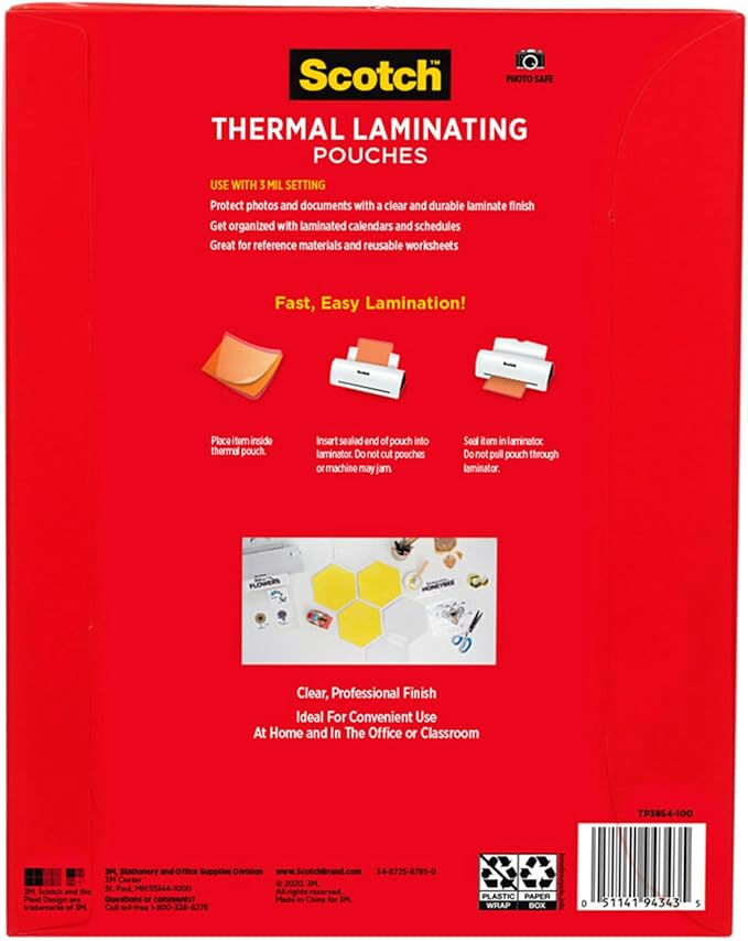 Scotch Thermal Laminating Pouches, for Use with Thermal Laminators, 8.9 x 11.4 Inches, Letter Size Sheets, 100-Count (Pack of 6)