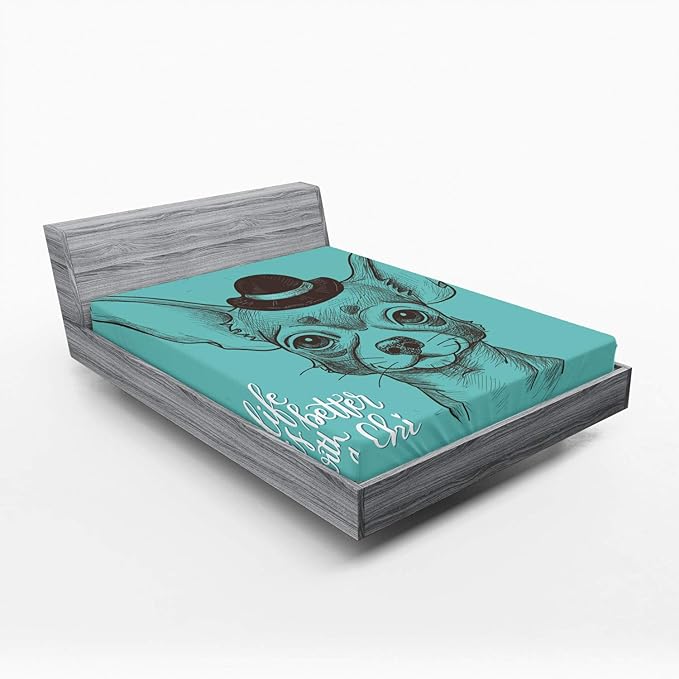 Ambesonne Chihuahua Fitted Sheet, Face Sketch of Dog with Hat and Life is Better with a Chi Words, Bed Cover with All-Round Elastic Deep Pocket for Comfort, Full Size, Seafoam Taupe and White