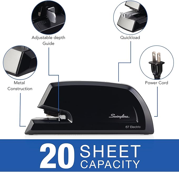 Swingline Heavy Duty Commercial Electric Stapler, 20 Sheet Capacity, Metal, Black (06701)