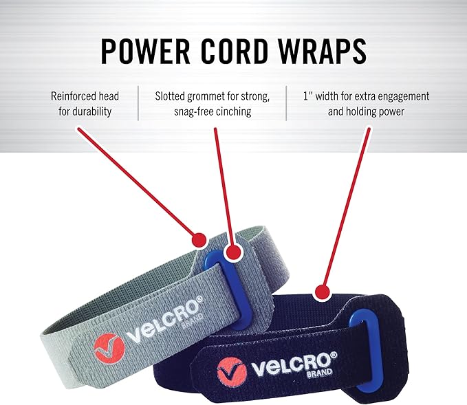 VELCRO Brand Power Cord Wraps | Heavy Duty Straps for Extension Cords, Garage or RV Organization | Slotted Grommet for Strong Snag Free Cinching | 16 Inch, 2Pk, Black and Gray