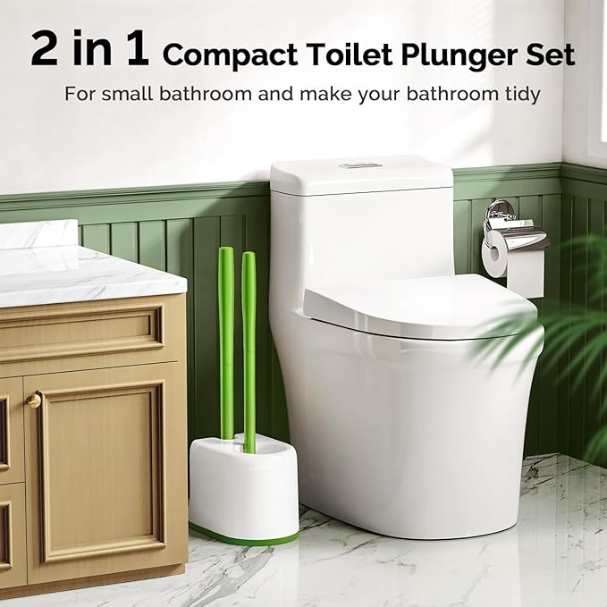 HAMITOR Toilet Plunger Bowl Brush Combo：Heavy Duty Rubber for Drain Clog Remover - Curved Design Bristles for Deep Cleaning Under Rim - Compact Bathroom Cleaning Tools for New Homet Essentials-Green
