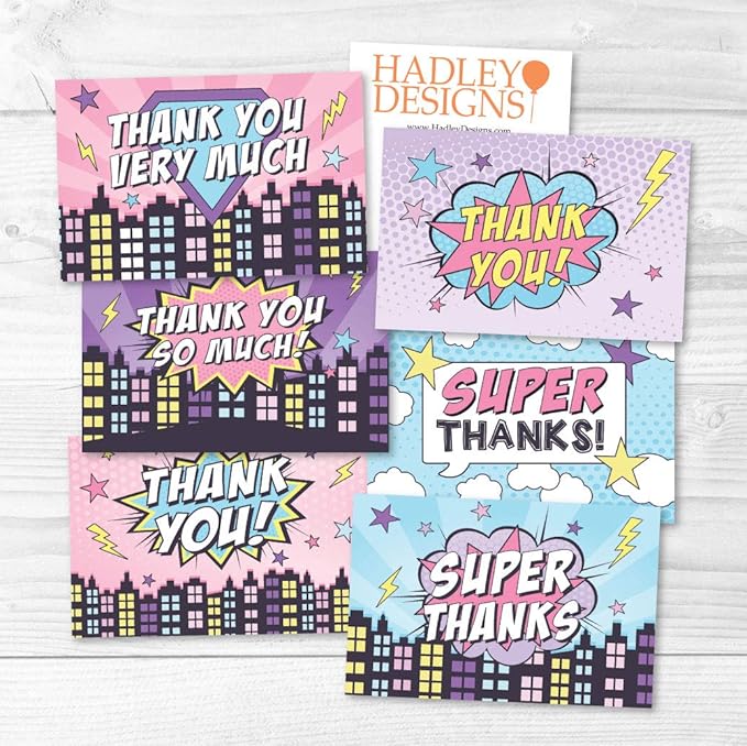 Hadley Designs 24 Superhero Thank You Cards With Envelopes - 4x6 Kids Thank You Cards Girls Birthday Bulk, Blank Baby Girl Super Hero Teacher Appreciation Notes, Superhero Party Supplies, Made In USA