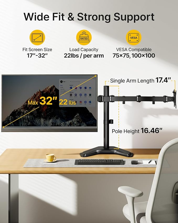 monTEK Stable Freestanding Dual Monitor Stand for 17–32” Computer Screens, Heavy-Duty Desk Mount with 22 lbs per Arm, Fully Adjustable Brackets and Arms, Solid V-Shaped Base, VESA 100×100mm Max