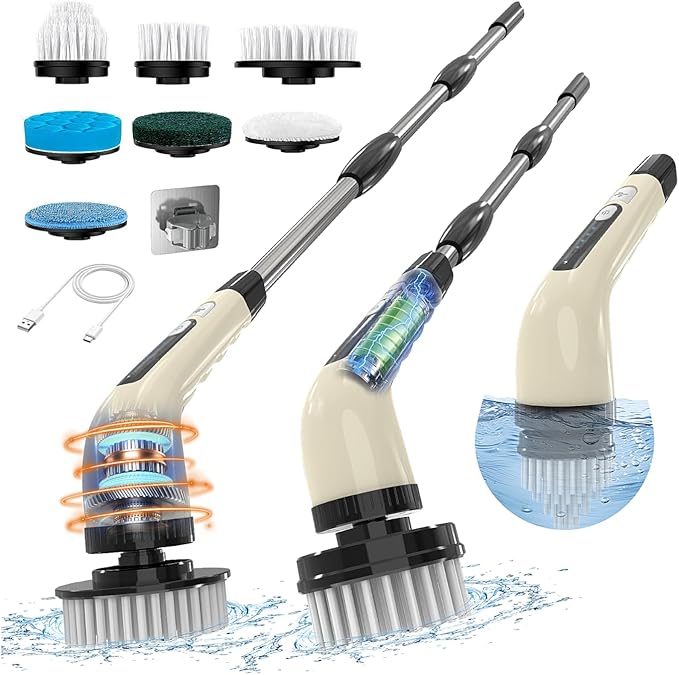 Electric Spin Scrubber, Cordless Cleaning Brush, Shower Scrubber with 7 Replaceable Brush, 2 Speeds and Adjustable Extension Handle for Bathroom Shower Bathtub Glass Car(Beige)