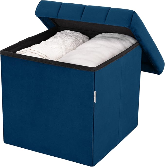 Seville Classics Cushioned Fabric Ottoman Hidden Storage Chest Footrest Chair, Padded Seat for Bedroom, Dorm, Loft, Living Room, Entryway, Hallway, Blue Velvet, 15.7" Cube