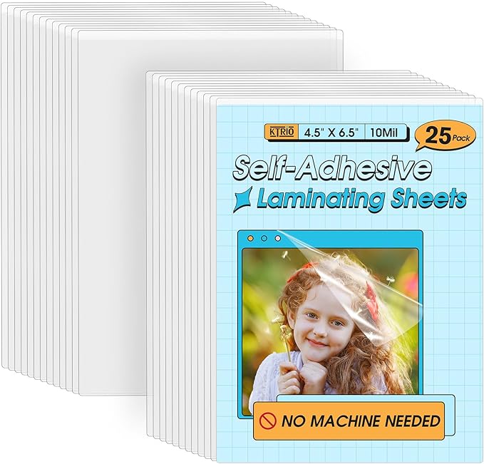 KTRIO 25 Pack Self Sealing Laminating Pouches, 4.5” x 6.5”, 10 Mil Thick Self Adhesive Laminating Sheets, Clear Lamination Pouches for Photos, Laminate Sheets, No Laminator Machine Needed, No Heat