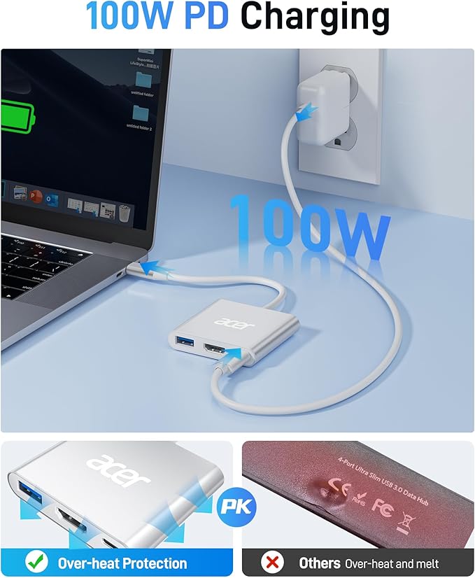 Acer USB C to HDMI Adapter, 4K USB C Hub with 100W PD, USBA 3.0 Port, HDMI to USBC Multiport Digital AV Converter for MacBook Pro/Air, iPad, Tablets, TV, Monitor and More (Silver)