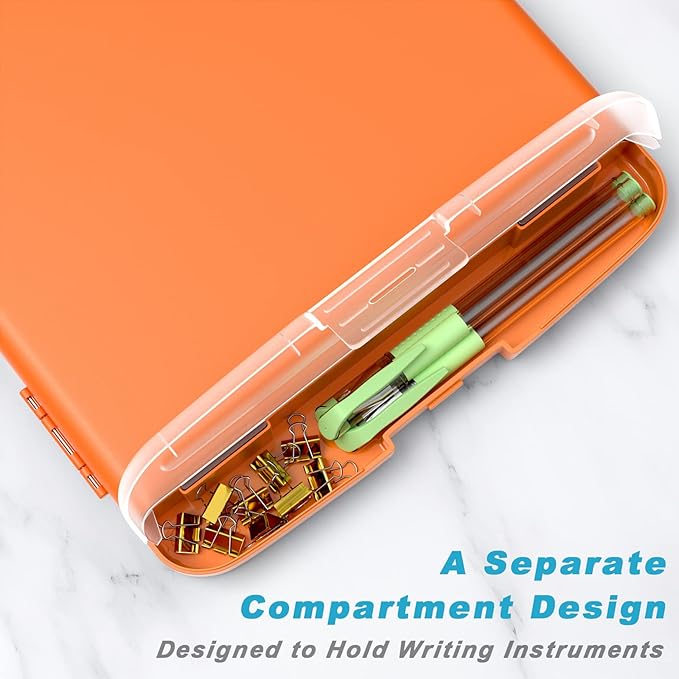Rimilak Plastic Clipboard with Storage, 8.5 x 11 High Capacity Folio Nursing Case with Pen Holder, Size 14.2 x 9.6 x 1.2″ Folder Side-Opening for Classroom, Teacher, Student, Smooth Writing, Orange