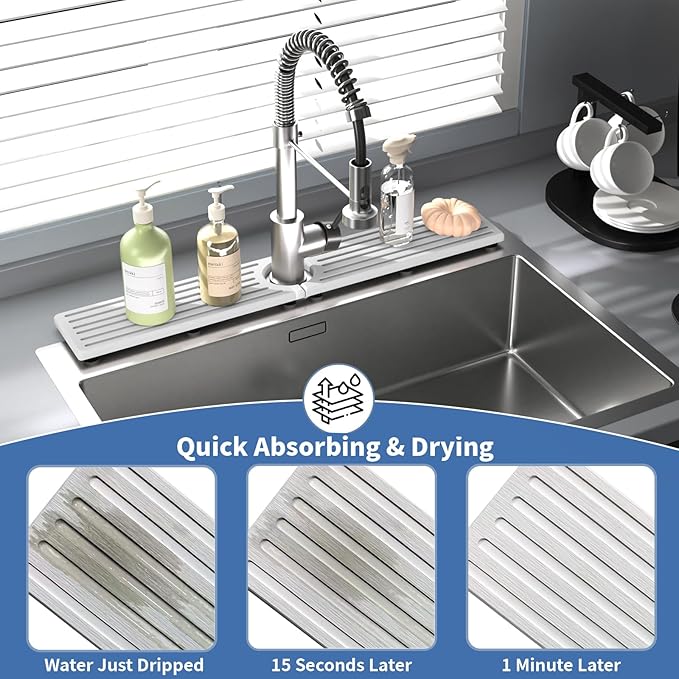 Stone Faucet Mat for Kitchen Sink, Water Absorbing Sink Water Splash Guard, Fast-Drying Kitchen Sink Faucet Mat, Durable Protector and Stone Drying Mat for Kitchen Counter Bathroom Sink