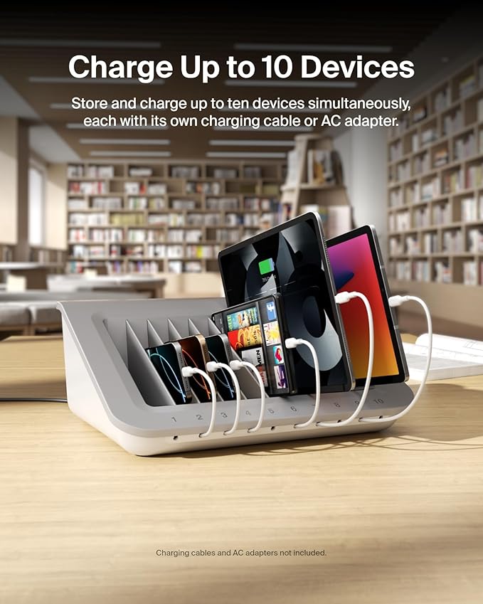 Belkin Charging Station for Laptops with Surge Protector - 10 Device USB Charging Dock for Tablets, Chromebooks – Cable Management for Classrooms, Offices, Tech Labs, Shared Spaces, & More, Grey