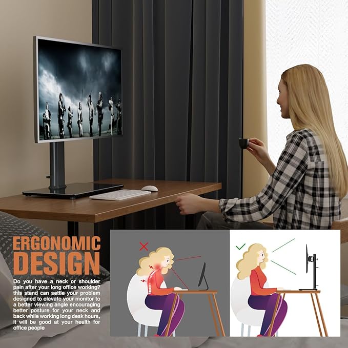 Hemudu 2 Pack Single LCD Computer Monitor Free-Standing Desk Stand Riser for 13 inch to 32 inch Screen with Swivel, Height Adjustable, Rotation, Holds One (1) Screen up to 77Lbs(HT05B-201)
