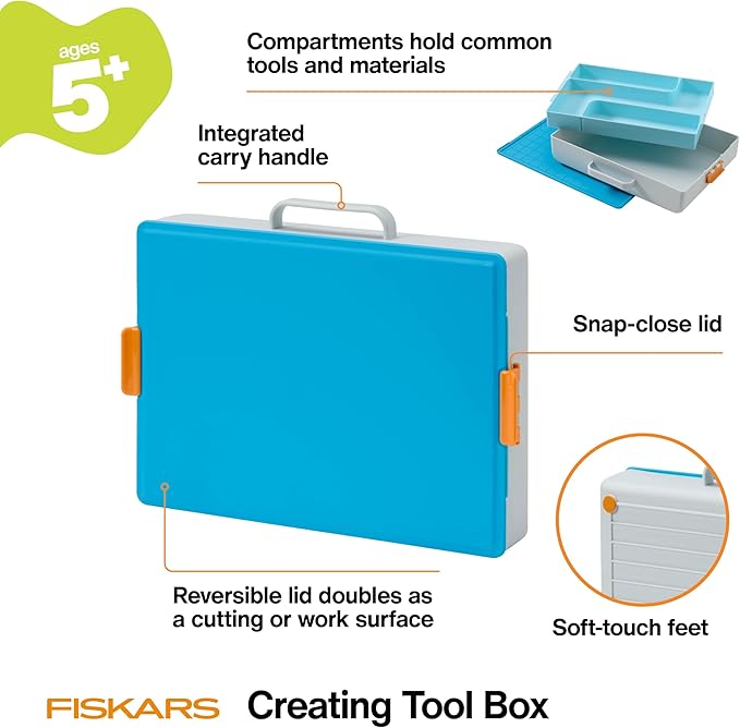 Fiskars Kids Creating Toolbox – Portable Art Storage Organizer with Reversible Lid, Carry Handle, and Secure Snap-Close Design
