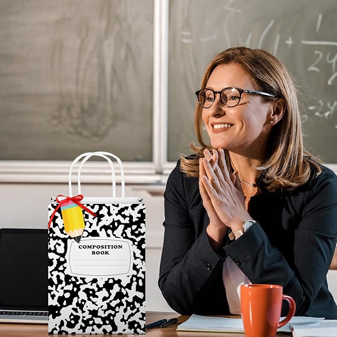 Kolldenn Teacher Gift Bags Composition Paper Bags with Handles Notebook Line Teacher Appreciation Graduation Gifts Bag for Kindergarten Preschool End of Year Party Favors Wrapping(24 Pcs,Composition)