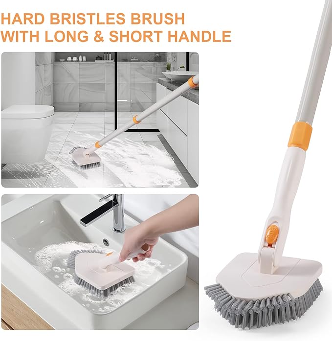 3 in 1 Shower Scrubber Cleaning Brush with Long Handle, 50'' Tub and Tile Grout Scrub Brush Stiff Bristles Lock in Place Scrub Brush Head for Bathroom Kitchen Wall Floor Bathtub Sink Glass - Upgrade