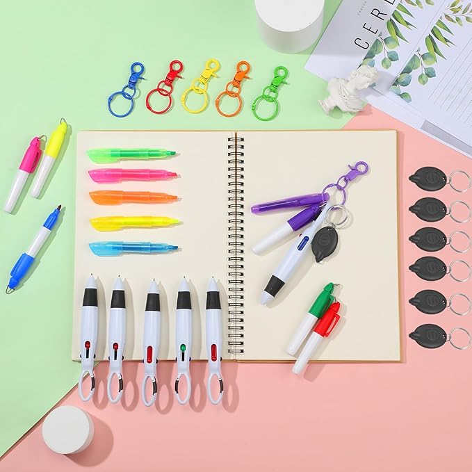 Chinco 30 Pcs Retractable Shuttle Pen Clip with Mini Highlighter Nurse Badge Pen Neon Marker LED Keychain Ring Clip