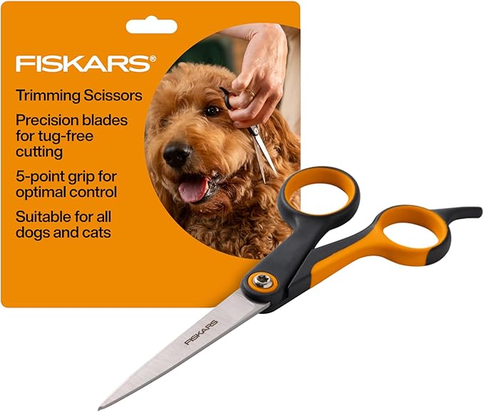 Fiskars Pet, Dog & Cat Grooming Scissors, Precision Stainless Steel Blades & SoftGrip Handle, Cat and Dog Supplies, 6.75”, Orange/Black, Trimming Scissors