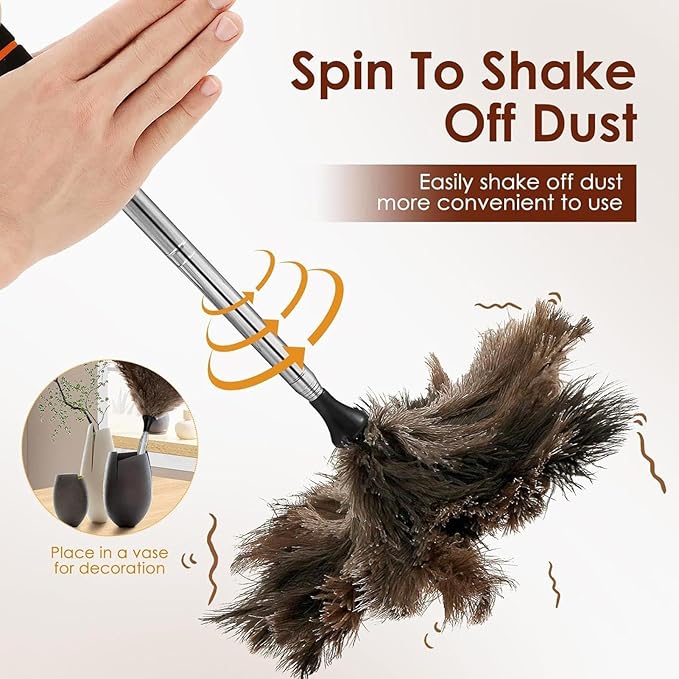 Duster with Extension Pole - 61-Inch Soft Feathers Dusting Mop, Anti-Static Washable Duster | Long Reach Cleaning Tool for Vents, Blinds, Baseboards, Fans, RV, Car, Outdoor Pet Hair Remova
