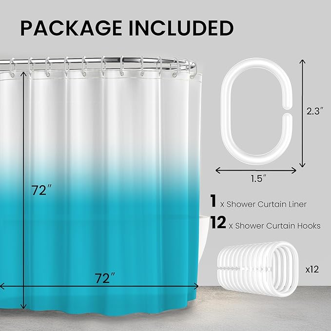 LiBa PEVA Shower Curtain Liner with 12 Plastic Shower Rings - 8G Waterproof Shower Liner, Pale Blue Gradient Weighted Bathroom Curtain, 72x72 Inch Shower Curtain Liner Set with Magnets