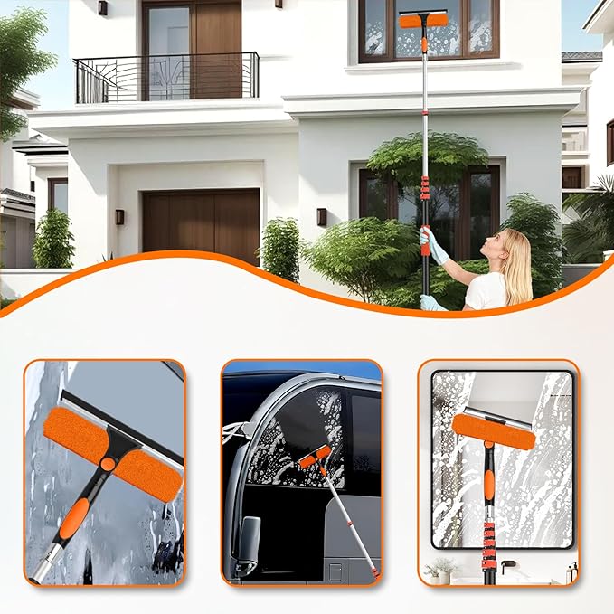 30FT Telescoping Window Squeegee Kit | 2-in-1 Professional Window Washer & Microfiber Scrubber with Extension Pole | High Reach Cleaning Tool for Outdoor, Indoor Windows & Glass