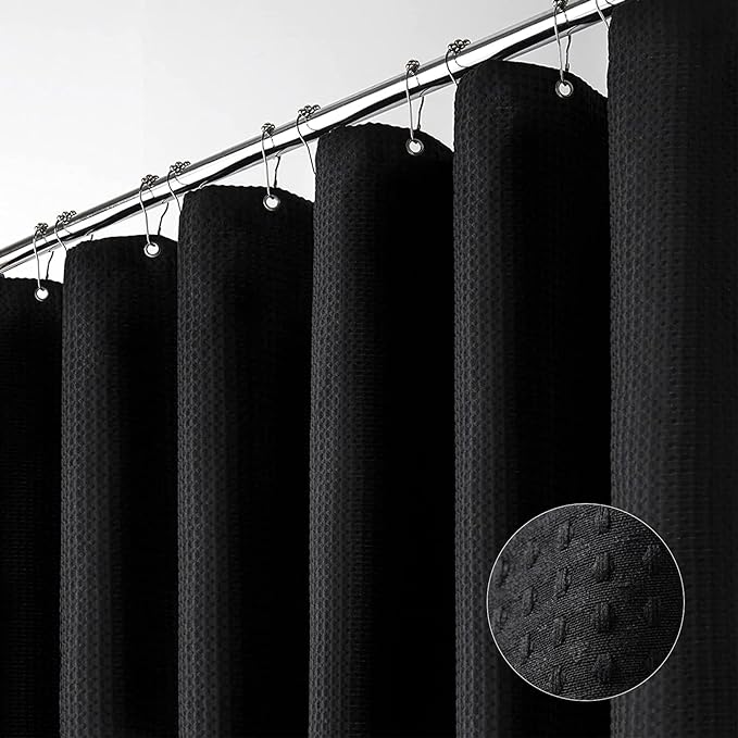 Dynamene Extra Long Fabric Shower Curtain - Waffle Weave 84 Inches Long Heavy Duty Cloth Shower Curtains for Bathroom, 256GSM Large Hotel Luxury Bath Curtain Set with 12 Plastic Hook, 72Wx84H, Black