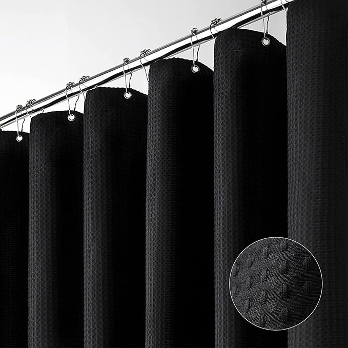 Dynamene Extra Wide Shower Curtain - 84 Inch Wide Waffle Weave Weighted Thick Cloth Bathroom Shower Curtain, Neutral Heavy Duty Hotel Bath Curtain Set with 14 Plastic Hooks, 84x72, Black