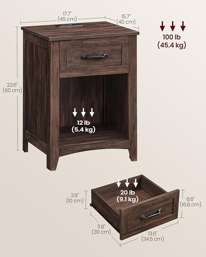 VASAGLE LIRY Collection - Farmhouse Nightstand with Charging Station, Bedside Table, Side Table with Drawer, Open Compartment, for Bedroom, Maroon Brown ULET659K51