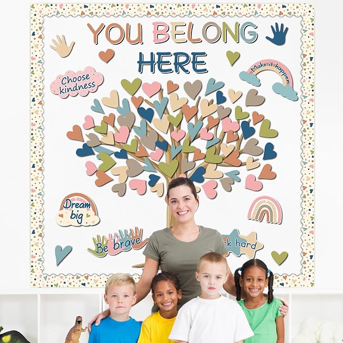 Boho Classroom Tree Bulletin Board Decorations Heart Cutouts Border Welcome Classroom You Belong Here Bulletin Board Decor Supplies for Chalkboard Elementary School Home Wall(You Belong Here)