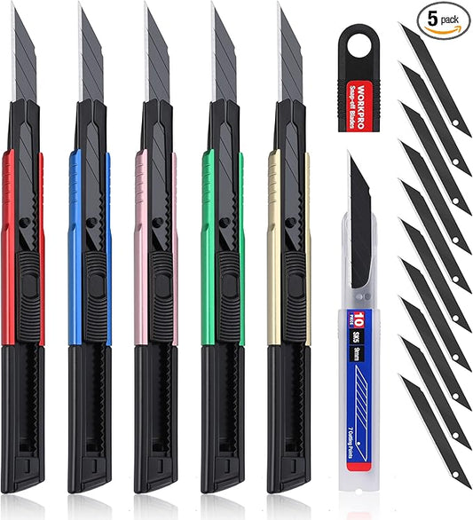 WORKPRO Premium Utility Knife Retractable Snap-off Blade, Heavy Duty Aluminum Box Cutter Set, Razor Knife Exacto Craft Knives, with 10 Extra 9mm Blades, Pack of 5