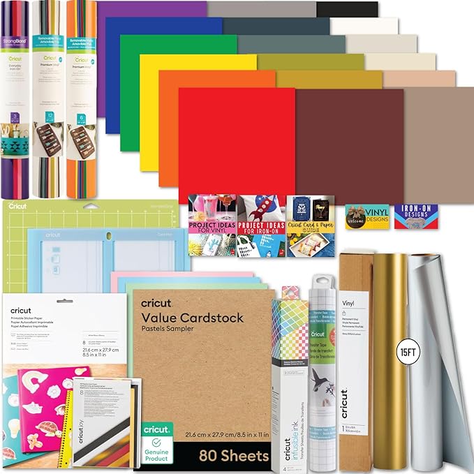 Cricut Ultimate All-in-One Materials and Accessories Bundle - 150+ Piece Beginner Sampler Material Kit for Cricut Explore Air and Maker Machines - Vinyl, HTV, Card Making Packs, Pens & Sticker Paper