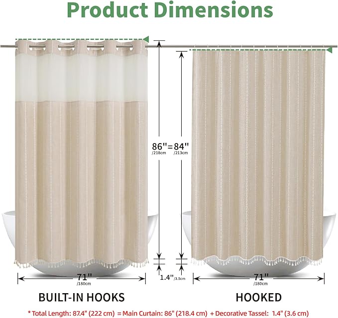 No Hook Extra Long Shower Curtain Set with Snap-in Liner,Linen Textured Thick Striped Fabric with Tassels,Boho Chic Modern Farmhouse Bathroom Curtain,Water-Repellent,Cream/Beige,71x86