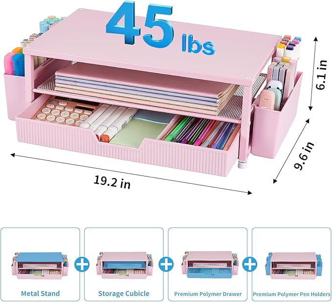 Desk Organizer and Accessories, 2-Tier Computer Monitor Stand Rise with Storage Drawer & 2 Pen Holders, Laptop & Printer Stand for Desktop, Workspace Organizers for Office Supplies (Pink)