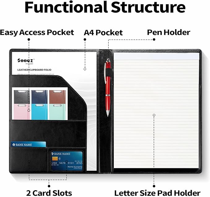 Sooez Padfolio Clipboard, Portfolio Organizer with Notepad, Premium PU Leather Clipboard Folder for Legal Pad, Versatile Clipfolio with Storage, Letter Size Document Holder for School Office Navy Blue