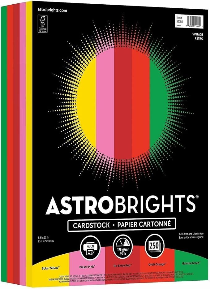 Astrobrights® Color Card Stock, 8 1/2" x 11", FSC® Certified, 65 Lb, Vintage Assortment, Pack Of 250 Sheets