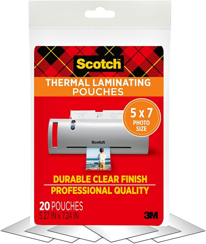 Scotch Thermal Laminating Pouches – 5 Mil, 7 x 5 Inches, Photo Size, 20-Pack – Clear, Durable, Photo-Safe Laminating Sheets for Home, Office, or School Use – 20 Count