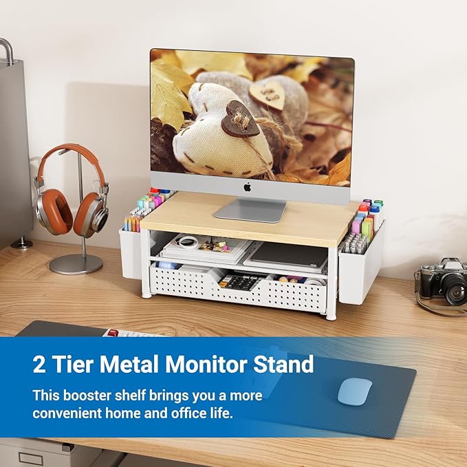 Wood Monitor Stand Riser, Laptop Stand for Desk, Office Desk Organizer and Accessories, Computer Desktop Shelf with Drawer and Pen Holder, Printer Stand for Home, Office, Dorm (Natural Wood)