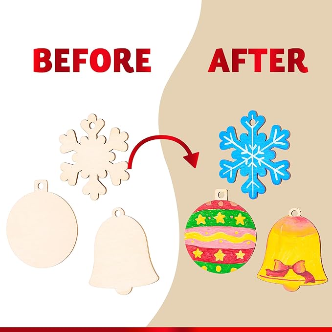 JOYIN 100 Pcs Christmas Wooden Ornaments Crafts to Paint, Unfinished Wood Painting Kits with 8 Watercolor Pens for Kids, Make Your Own DIY Hanging Ornament for Xmas Tree Decor Party Supplies (Age 8+)