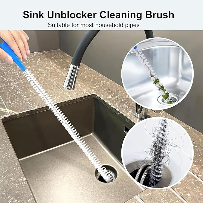 Adove Drain Cleaning Brush 2pack, Long Drain Clog Remover Tool 23.6inch, Pipe Brush Cleaner with Nylon Bristles, Sink Drain Cleaner for Toilet, Kitchen Sink, Bathroom Tub, Shower, and Sewer Drain