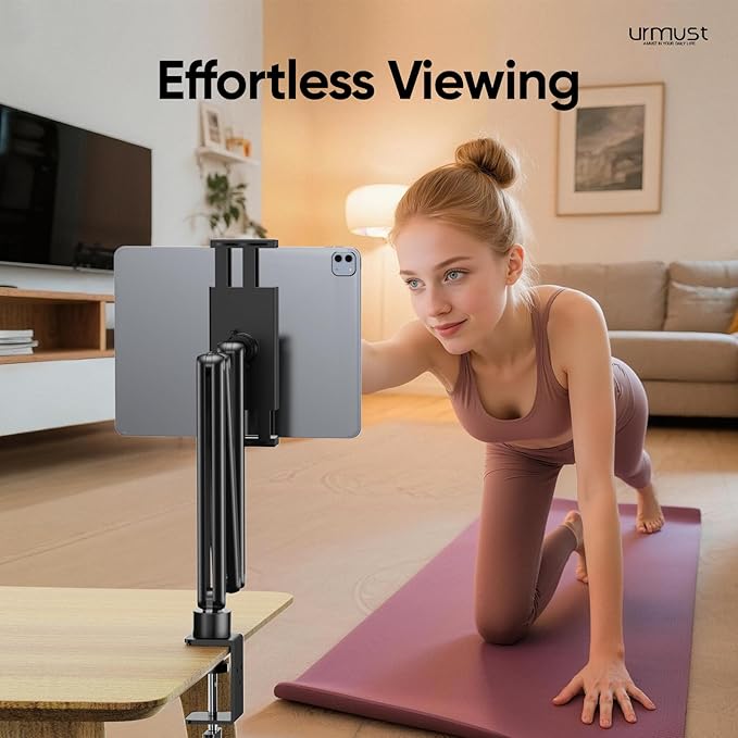 Urmust Tablet Stand for Desk, Adjustable iPad Holder Clamp Mount, 360° Rotation, Sturdy Aluminum Tablet Arm Mount for 4.7"-15.6" iPad Pro/Air/Mini, iPhone, Galaxy Tab, for Kitchen, Work, Video Call