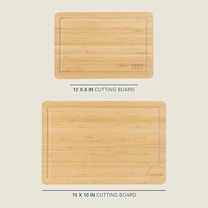 Gibson Home Forestview 2-Piece Bamboo Cutting Board Set – 15" & 12" Wooden Durable Kitchen Chopping Carving Boards with Juice Grooves, Oil Finished