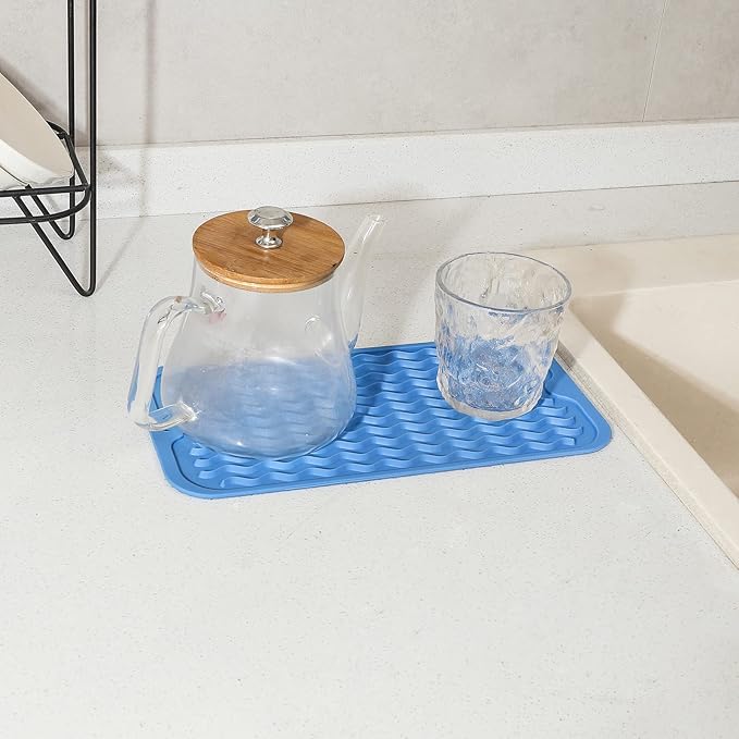 Silicone Dish Drying Mat for Multiple Usage,Easy clean,Eco-friendly,Heat-resistant Silicone Mat for Kitchen Counter or Sink,Refrigerator or Drawer Liner Lichen BlueL S 12 inches x 6 inches