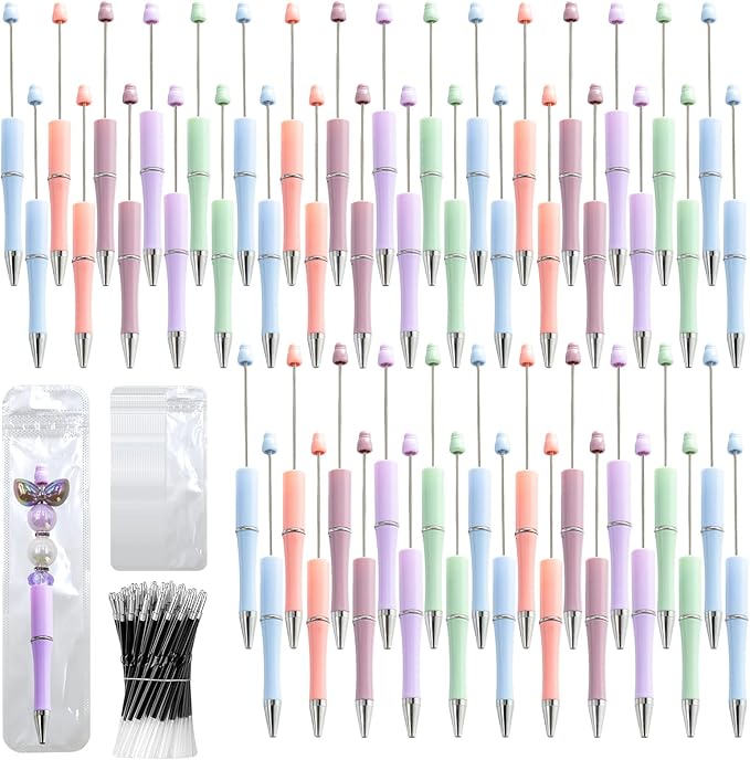 300 Pieces DIY Beadable Pen Kit – 100 Plastic Ballpoint Pens with Refills & Bags – School Supplies, Office Accessories & Decorative Items for Students & Teachers (Pastel)