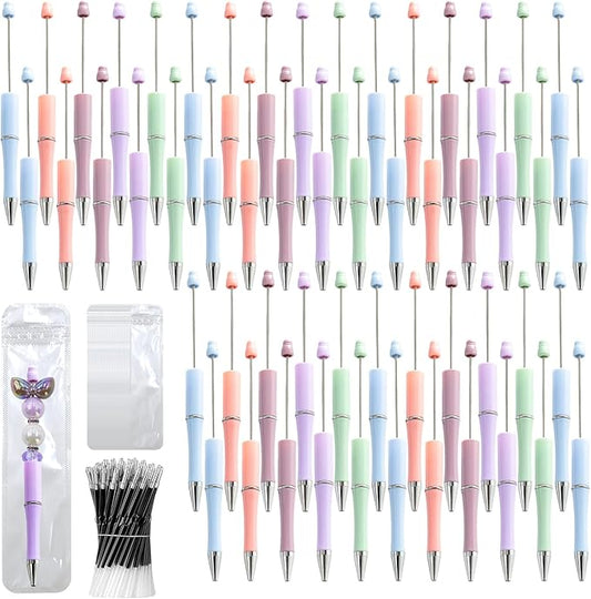 300 Pieces DIY Beadable Pen Kit – 100 Plastic Ballpoint Pens with Refills & Bags – School Supplies, Office Accessories & Decorative Items for Students & Teachers (Pastel)