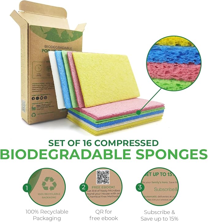 Biodegradable Cellulose Compressed Sponges - Pack of 16 Compostable Kitchen Pop Up Bulk - Non Scratch Multicolor Natural Dish Sponges - Heavy Duty Multipurpose Eco Friendly